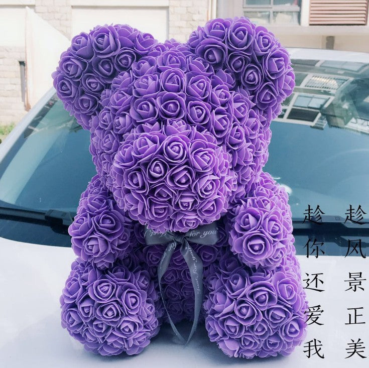 Rose Teddy Bear with Artificial Flowers