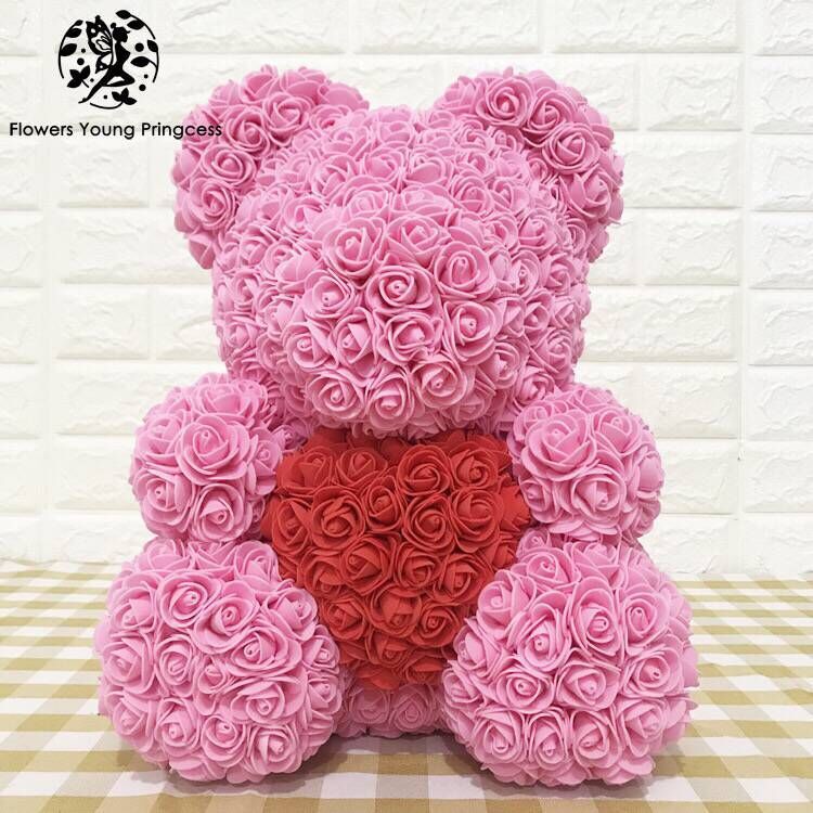 Rose Teddy Bear with Artificial Flowers