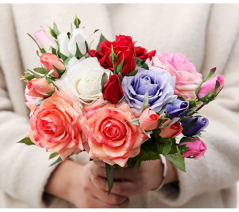 Real Touch Artificial 3 Heads Rose For Living Room Indoor Decoration And Wedding