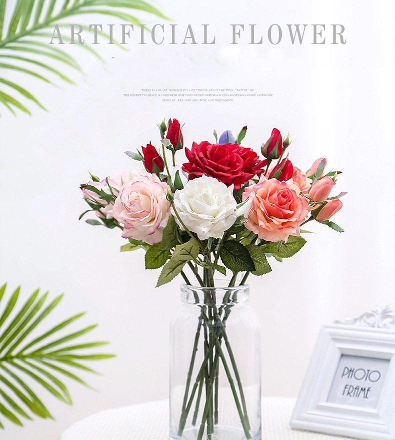 Real Touch Artificial 3 Heads Rose For Living Room Indoor Decoration And Wedding