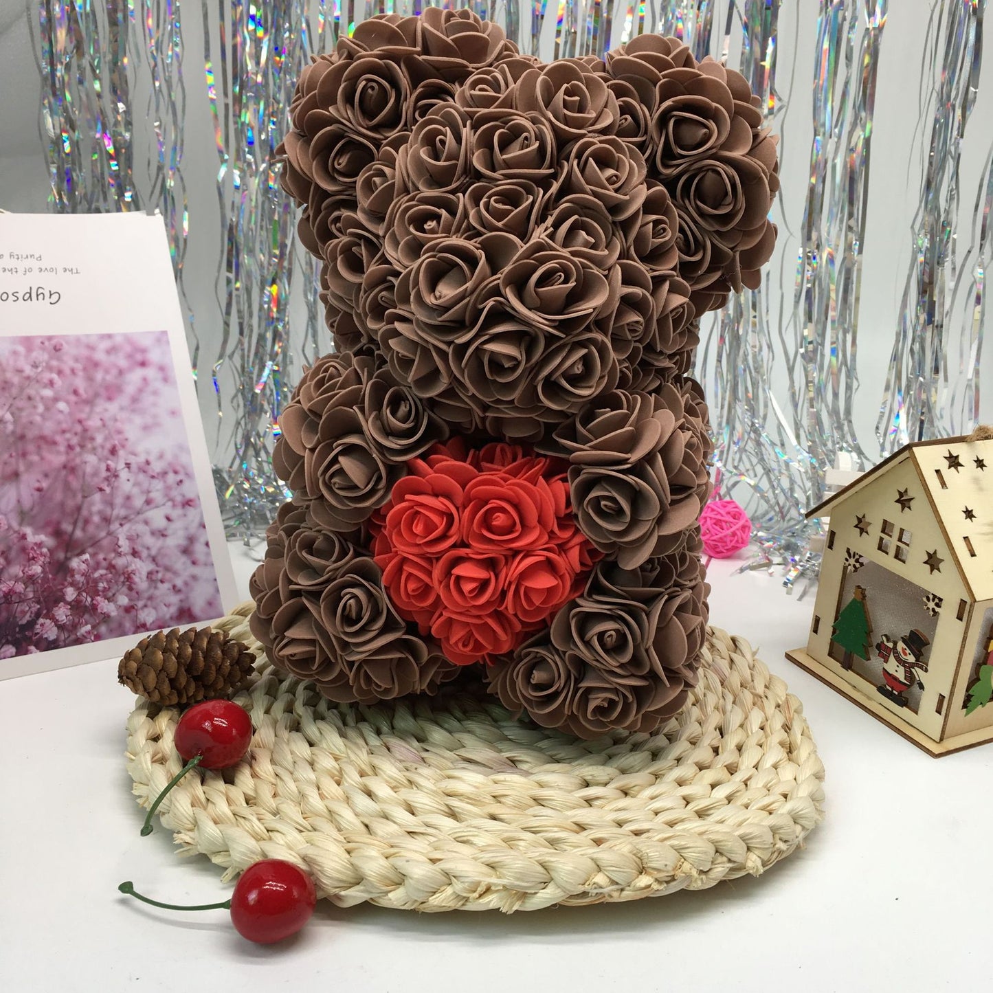 Rose Teddy Bear with Artificial Flowers