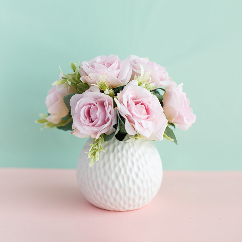 一件代发 仿真花套装陶瓷花瓶玫瑰花 仿真植物盆栽家居装饰假花盆