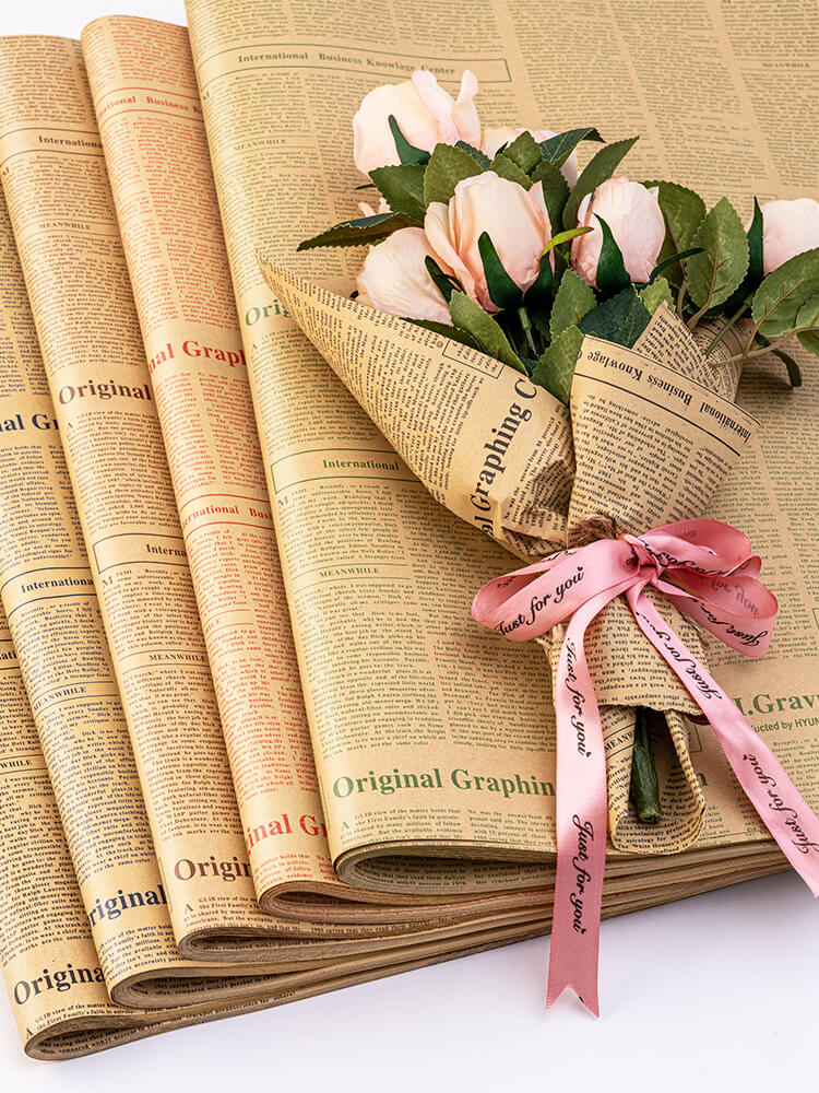 Retro English Newspaper Flower Wrapping Paper Pack 10 (38x53cm